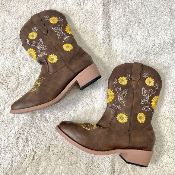 Nokio Iconic Flower Embroidered Brown Yellow Mid Calf Western Cowgirl Boots US 8 - Picture 5 of 8